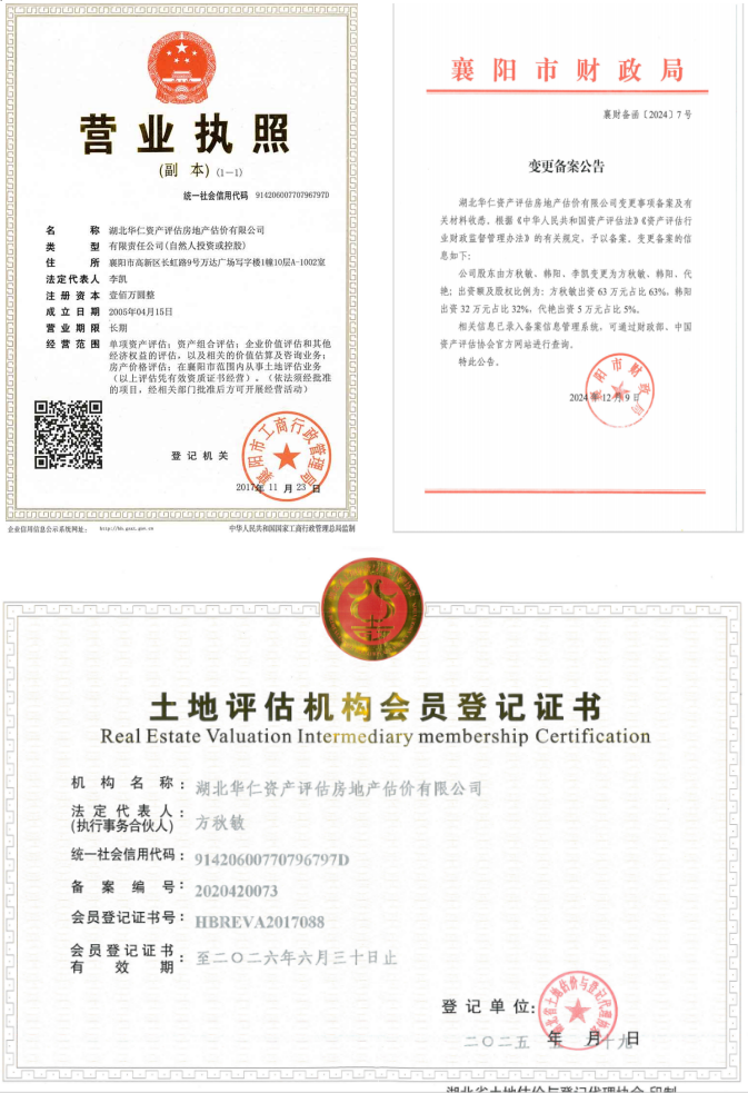 華仁資產(chǎn)評估房地產(chǎn)估價有限公司營業(yè)執(zhí)照、資產(chǎn)評估備案公告、土地評估機構(gòu)登記證書